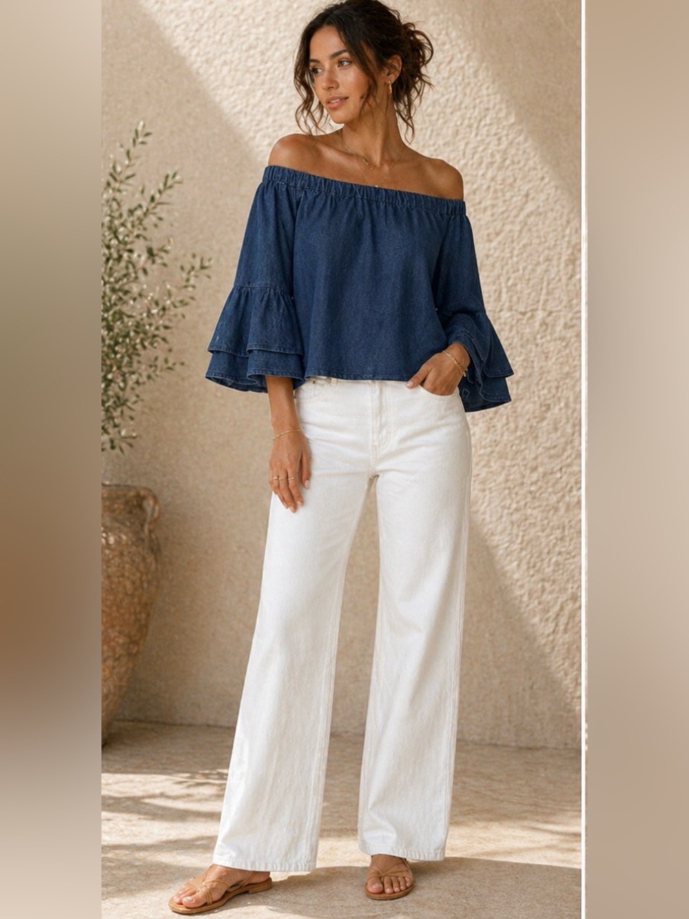 NWT Off Shoulder Denim Flutter sleeve Crop Top Small/Medium